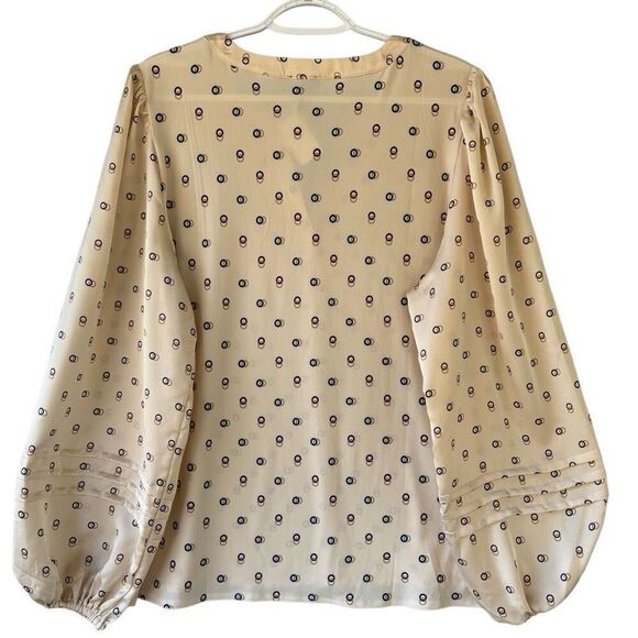New Ann Taylor Cream Tan Navy Ring Print Blouse Top Elastic Cuff Split Neck Sz L - Picture 6 of 8